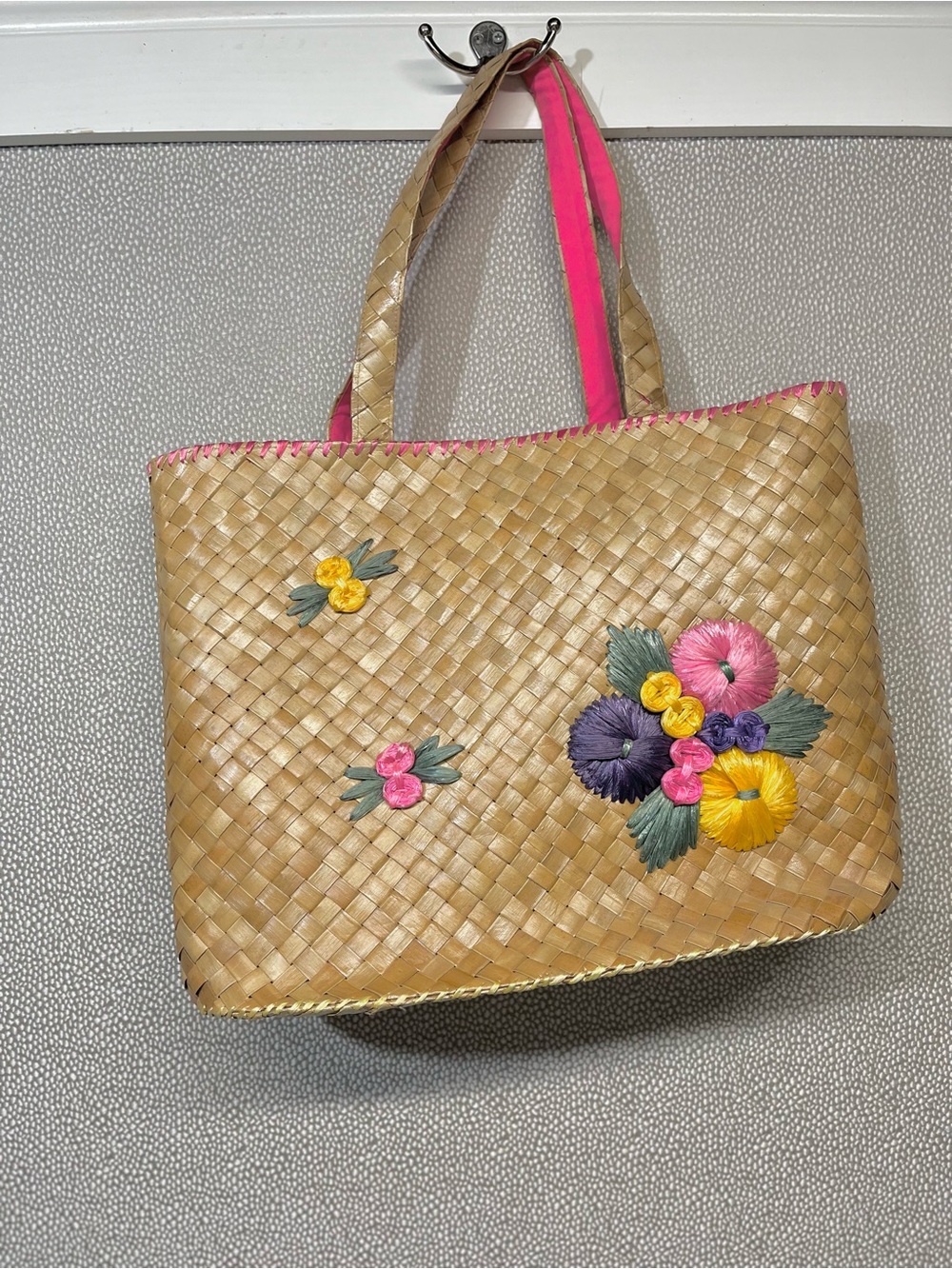 OS Old Navy Woven Straw Tote Bag with Pink Trim and Floral Embroidery